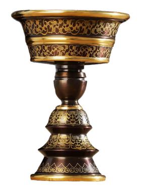 印度复古纯铜雕花描金藏式花纹酥油灯座供佛长明灯座烛台口径8cm