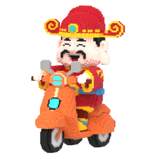 新款超大财神爷积木摩托车手工小颗粒拼装摆件解压玩具客厅礼物3d