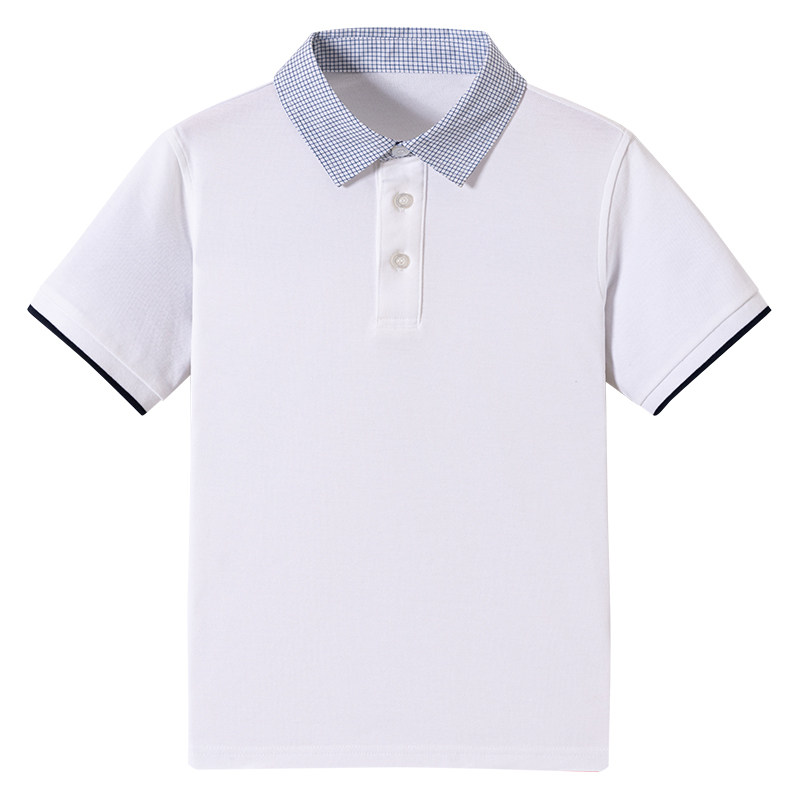 伊顿校服工厂中小学生男白色格子领短袖POLO衫儿童夏季学院风班服