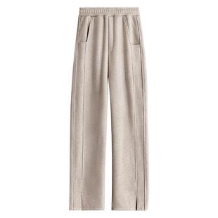 米色毛呢阔腿裤女秋冬加绒直筒窄版人字纹加厚宽松加长春秋针织裤