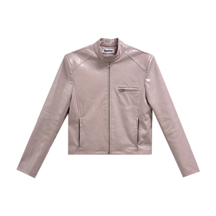 weave 性感克制 黑粉两色光泽感纹理皮衣修身小版型复古夹克外套