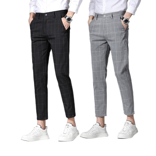 裤子男夏季薄款修身九分小脚西裤男士韩版潮流长裤格子裤秋冬加绒