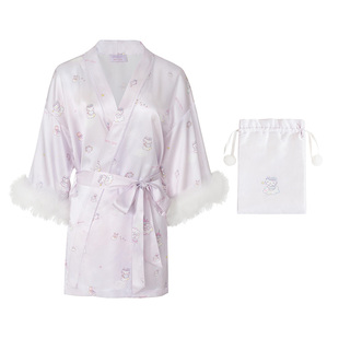 SILKY MIRACLE真丝睡袍HelloKitty联名短款羽毛桑蚕丝晨袍可外穿