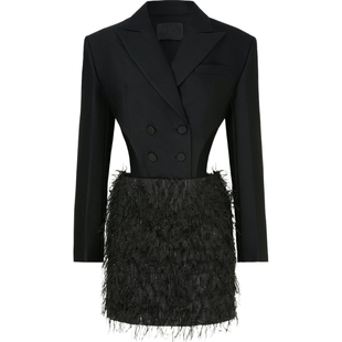 【折扣】YCH 秋冬女羊毛真丝拼接提花面料小黑裙长袖连衣裙