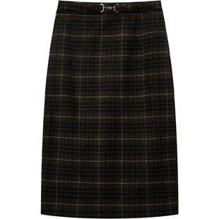 爱居兔中长款半身裙春秋新款时尚格纹直筒裙含羊毛单裙