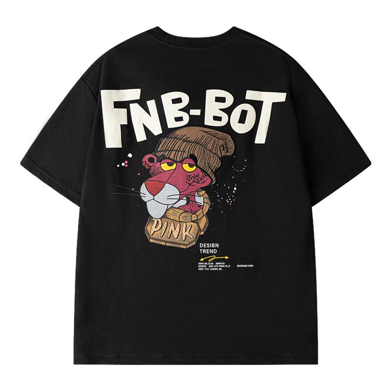 FNB潮牌夏季新款美式潮流刺绣粉红豹卡通印花短袖t恤男女同款情侣