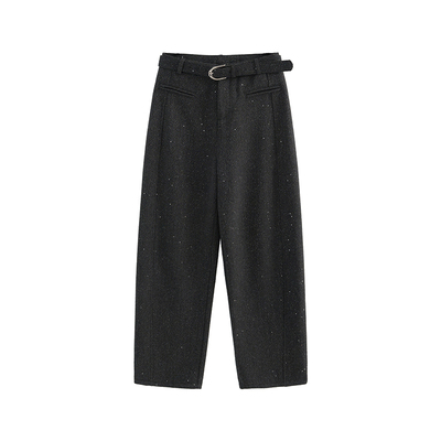 MOERSHOP 微显华丽 灰色闪片厚毛呢弯刀西裤女秋冬高腰阔腿休闲裤