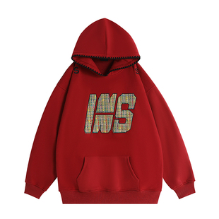 INSstudios 国潮牌情侣美式编织贴布刺绣LOGO卫衣宽松加绒连帽衫