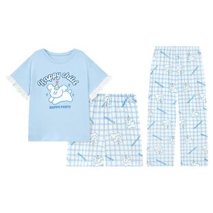小狗睡衣女款夏季纯棉三件套短袖长裤套装大码初中学生女孩家居服