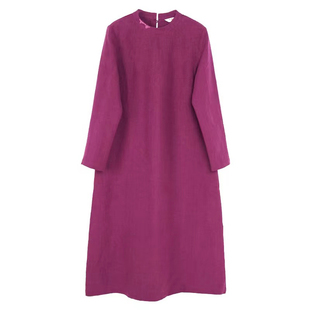 芳邻/十木米原创春秋款9支加厚亚麻手工绣花文艺显瘦立领连衣裙