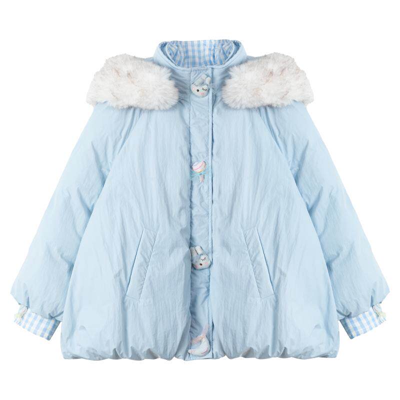 KEIKO大毛领假两件连帽棉服外套