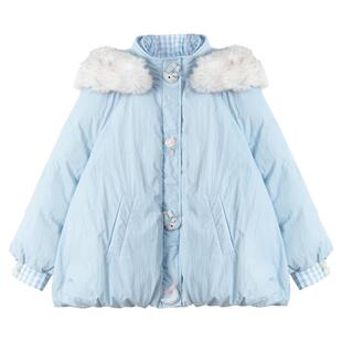 KEIKO [防风御寒]大毛领假两件连帽棉服外套冬季蓝色加厚花苞棉袄