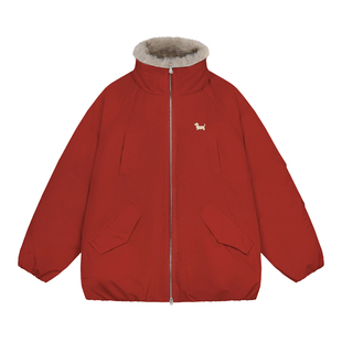 BIPOLAR立领小狗毛毛棉服新年红色休闲宽松百搭上衣外套冬款男女