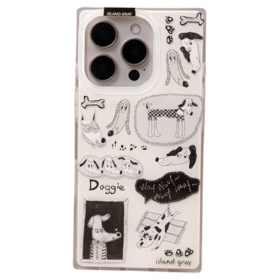 灰岛 黑白手绘小狗方形手机壳 双层印花 适用于苹果iPhone17 16 15 14 Pro Max 原创设计 可爱涂鸦童趣