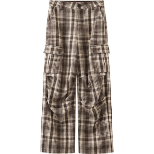 播工装风复古格纹休闲裤女冬季休闲宽松直筒裤DDS4KD5248