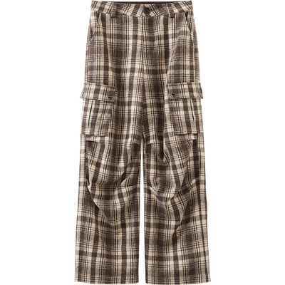 播工装风复古格纹休闲裤女冬季休闲宽松直筒裤DDS4KD5248