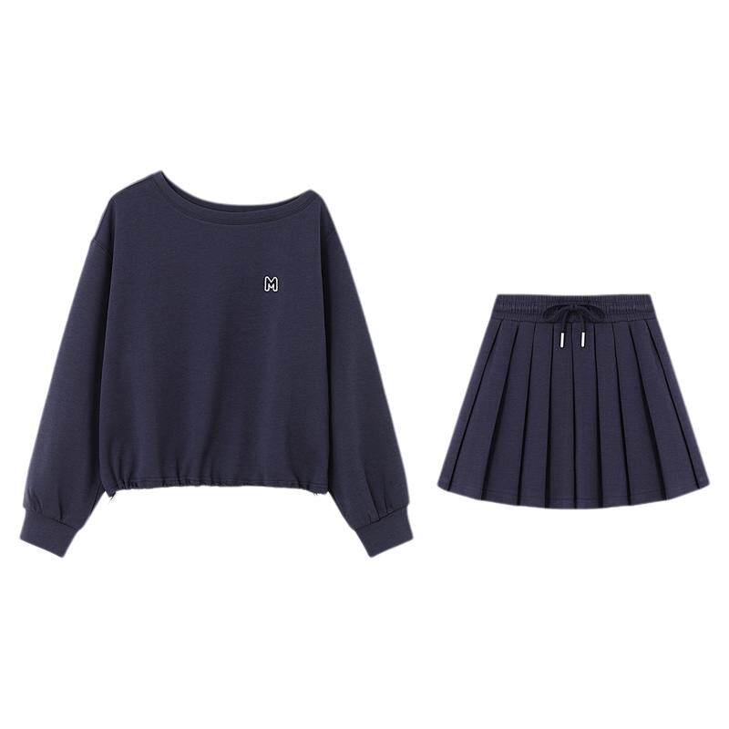 Basic House/百家好时尚套装春季新款女露肩卫衣高腰百褶裙两件套