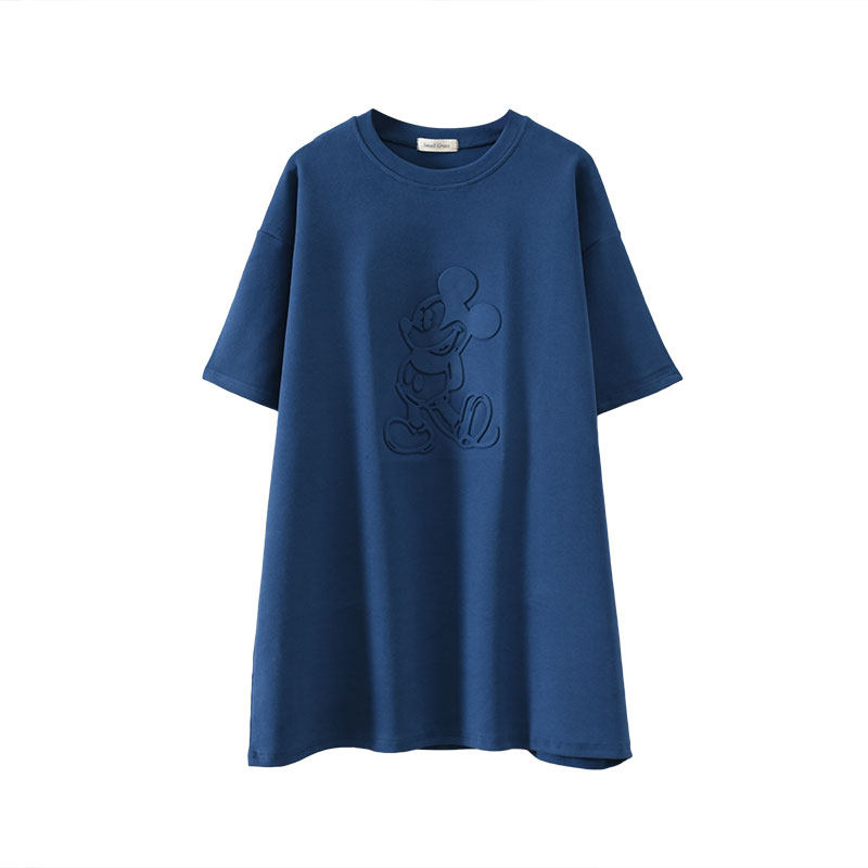 欧货秋冬简约中长款磨毛短袖t恤女纯棉加厚卡通压花大码打底衫潮T