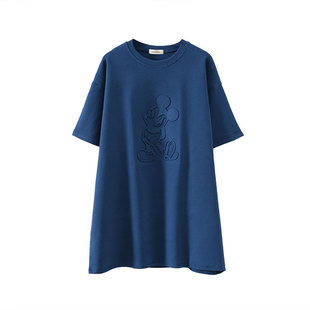 欧货秋冬简约中长款磨毛短袖t恤女纯棉加厚卡通压花大码打底衫潮T