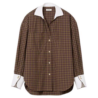 落肩袖棉质细格纹衬衫