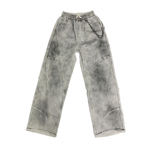 秋冬2025新款美式加绒水洗做旧牛仔裤男潮牌扎染高街链条痞帅长裤