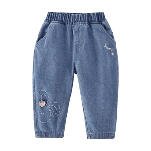 女童春款裤子三岁宝宝直筒裤薄绒小童春季女孩长裤儿童牛仔裤春秋