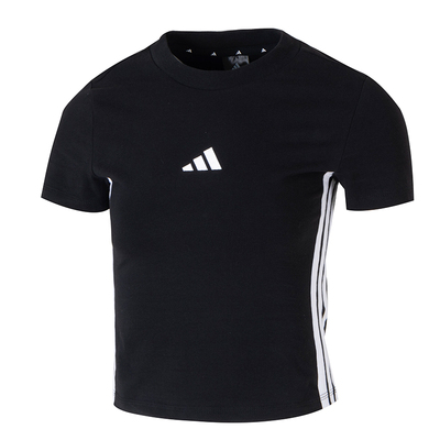 阿迪达斯女装2025夏季款纯棉条纹圆领短款运动休闲短袖T恤 JY8570