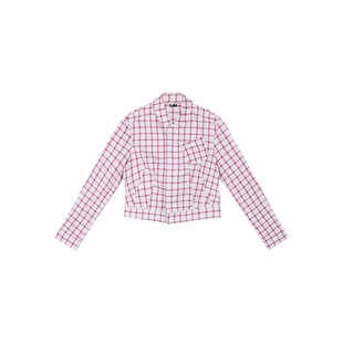 oneup纯棉红色短款格子衬衫外套女春季收腰修身翻领衬衣通勤上衣