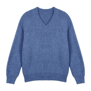 pusumede 街区漫步 灰色v领毛衣女套头宽松休闲慵懒长袖针织上衣