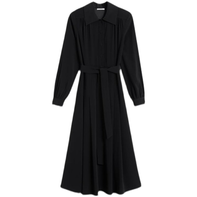 UNI CLOSET长袖连衣裙衬衫裙束腰系带黑色中长A字修身气质英伦
