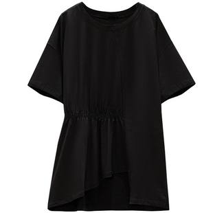 300斤弹力显瘦不规则上衣胖莹莹大码女装夏白色A字压褶收腰T恤衫