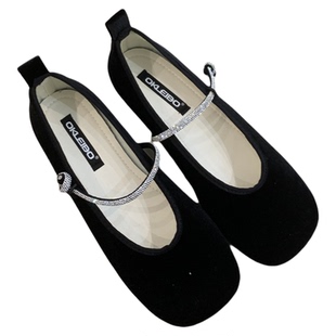 晚晚风温柔浅口单鞋女2026年新款韩式气质丝绒水钻一字玛丽珍瓢鞋