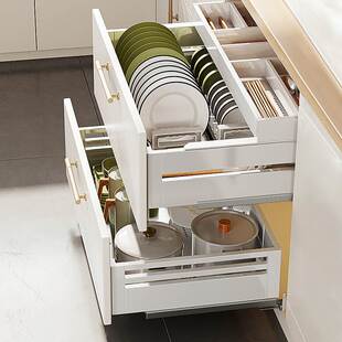 白色拉篮厨房橱柜双层304不锈钢内置拉蓝轨道调味碗碟碗篮抽屉式