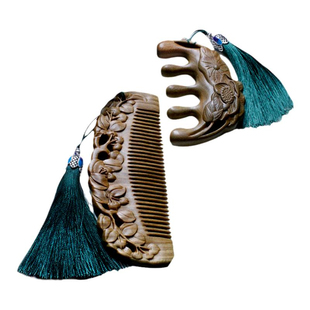 按摩绿檀木梳梳子女士专用长发复古风头部经络家用雕花抓周礼盒