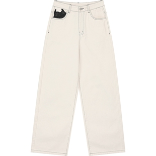 妖精的口袋复古米白色阔腿直筒牛仔裤女2025冬季新款休闲百搭裤子