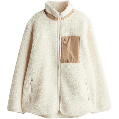 HM女装短外套冬季休闲保暖拉链泰迪绒摇粒绒宽松立领上衣1239565