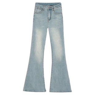 浅蓝色加绒不贴腿微喇牛仔裤女2025冬季新款高腰垂感阔腿喇叭裤子