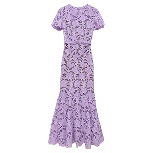 法式复古紫色蕾丝绣花圆领短袖连衣裙女优雅气质收腰显瘦鱼尾长裙