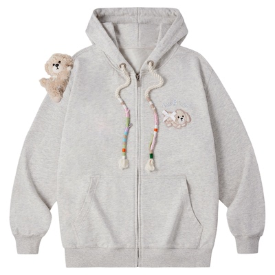 PSO Brand女装可拆卸玩偶针织拉链连帽卫衣外套宽松长袖上衣百搭