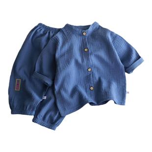 儿童棉纱套装立领纯棉透气夏季空调服家居男女宝宝柔软七分袖中式