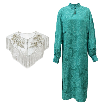 澄渔高定【玉凰】臻藏新中式洒金正绢钉珠刺绣云肩真丝连衣裙套装