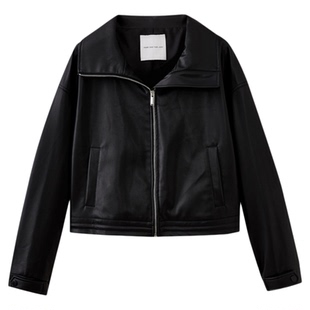 水云间软皮翻领皮衣夹克外套短款人造革女复古中性风长袖上衣2025