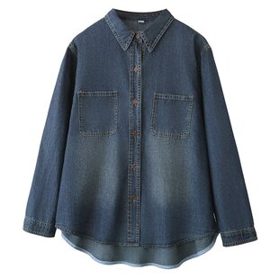 复古长袖牛仔衬衫外套女秋装大码胖MM宽松显瘦百搭叠穿休闲上衣服