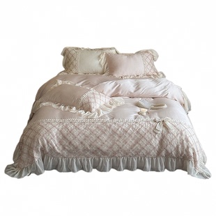 法式浪漫少女粉色凉感天丝四件套蝴蝶结蕾丝花边被套公主床单床品