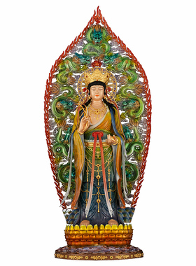 典藏黄铜热着色九龙背光西方三圣佛像居家供奉观世音菩萨中式摆件