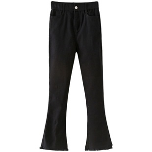 大码女装胖mm春秋显瘦遮肉微喇叭裤气质九分毛边弹力高腰裤子