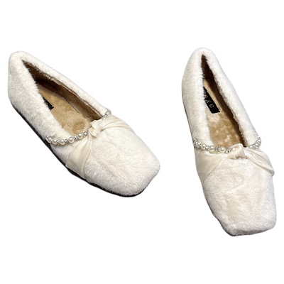 保暖棉鞋串珠玛丽珍平底毛毛鞋