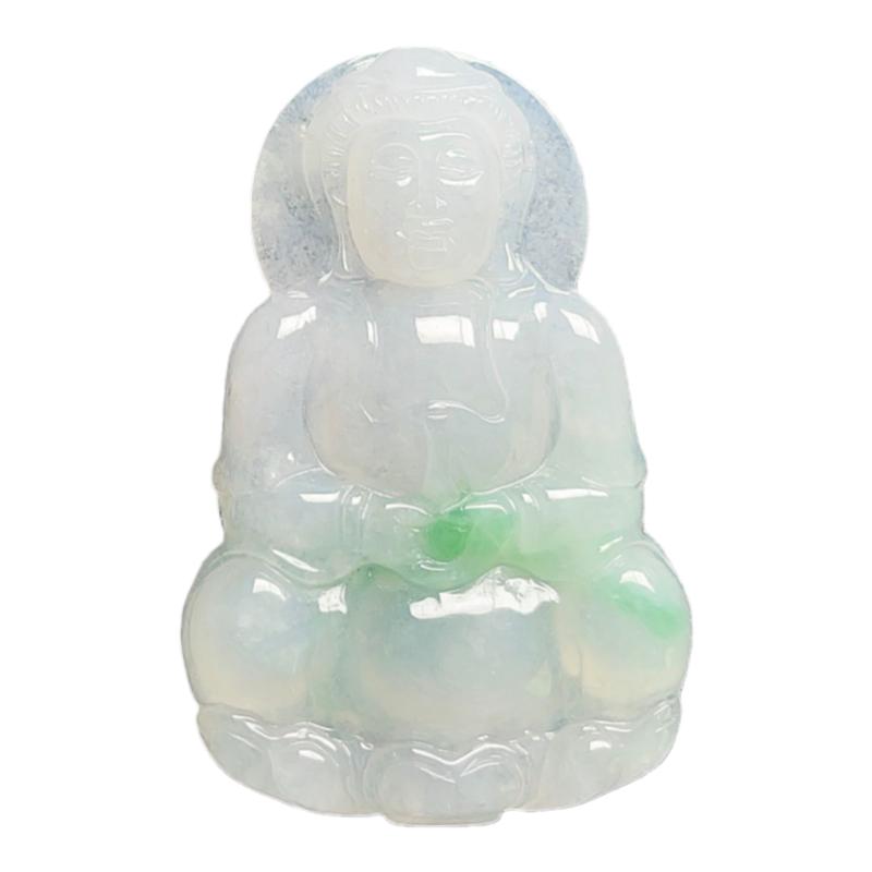 缅甸天然翡翠A货乳白飘阳绿观音吊坠51.6老坑玉一抹飘花观世音牌