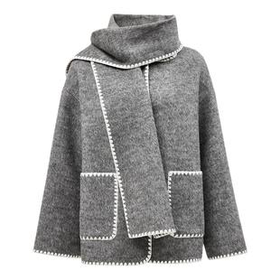 ONLY2025冬季新款撞色贝壳绣边围巾绵羊毛桑蚕丝双面毛呢大衣外套