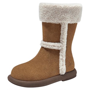 芭比童鞋女童靴子2025新款冬季加绒加厚公主靴中筒棉靴儿童雪地靴